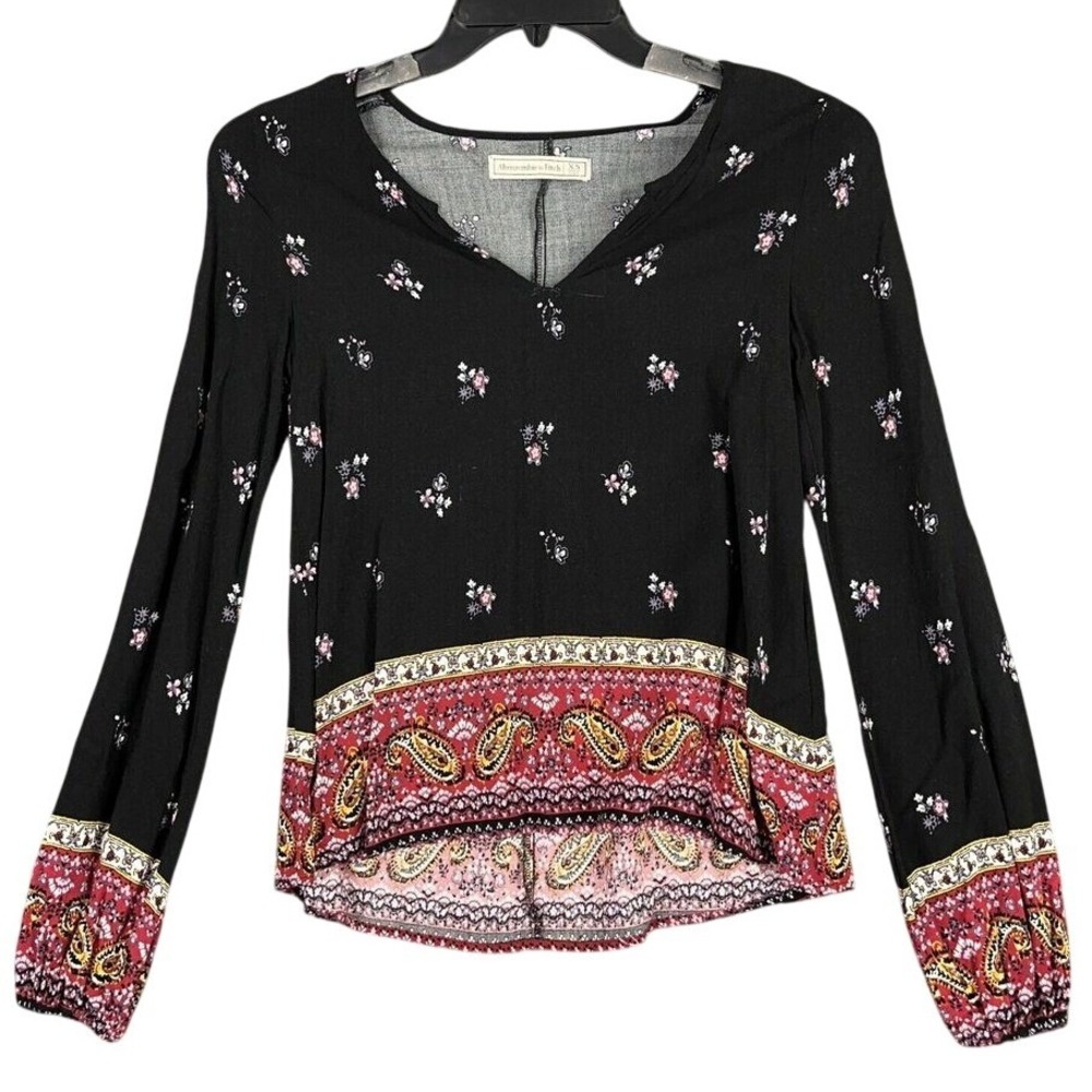 ABERCROMBIE FITCH TOP WOMENS XS BLACK SPLIT V-NECK BOHO BIZ CASUAL PROFESSIONAL